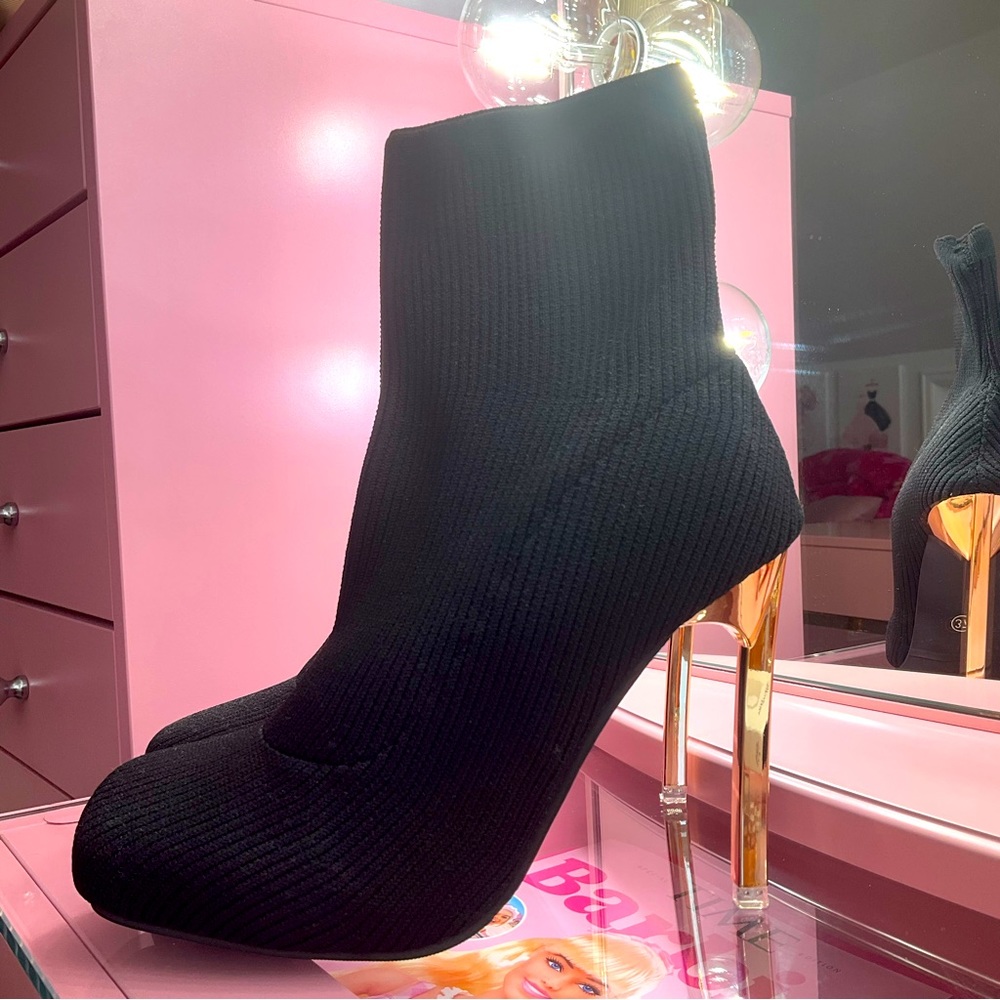 Black & Gold Square Toe Sock High Heel Booties
